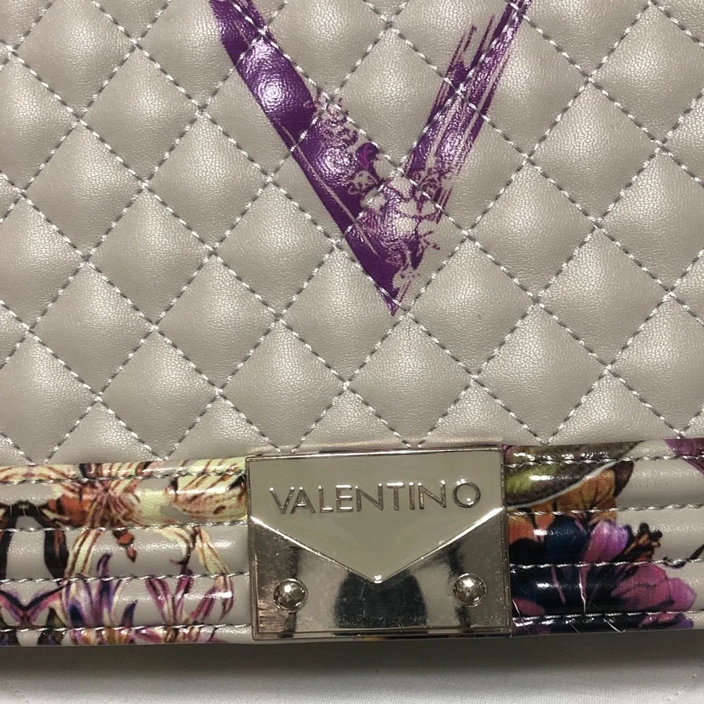 Valentino Quilted Floral Leather Shoulder Bag in Cream & Purple